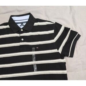 Tommy Hilfiger Polo Shirt Mens L Classic Fit Black Gray Stripe Golf Preppy NWT